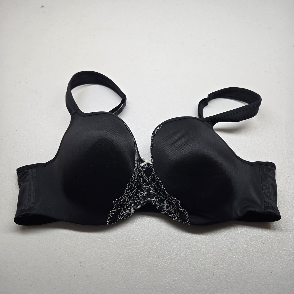Cacique Women Bra 40C Black T Shirt Underwired Lace Knit Strap